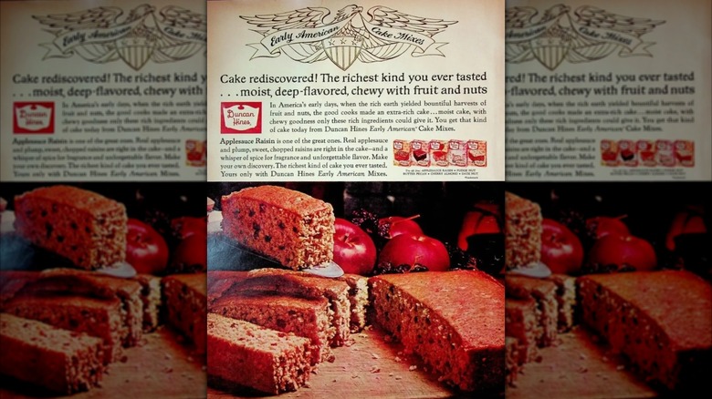 Advertisement for Duncan Hines Applesauce Raisin cake mix with photograph of rectangle-shaped cake