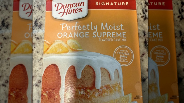 A box of Duncan Hines Signature Perfectly Moist Orange Supreme cake mix