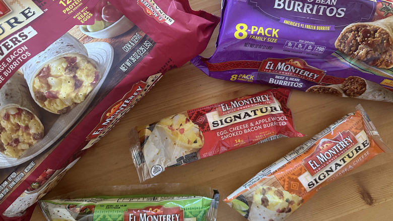 El Monterey frozen breakfast burritos on wooden table