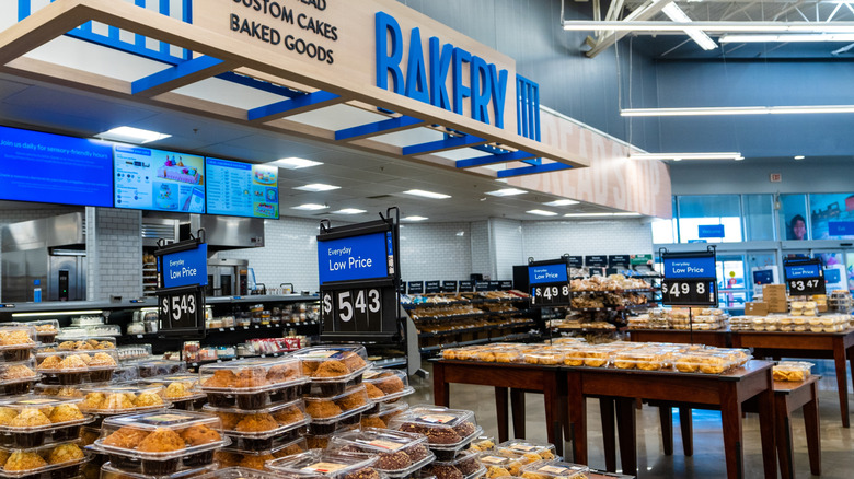 Walmart store's bakery section with goods including muffins and pastries on display