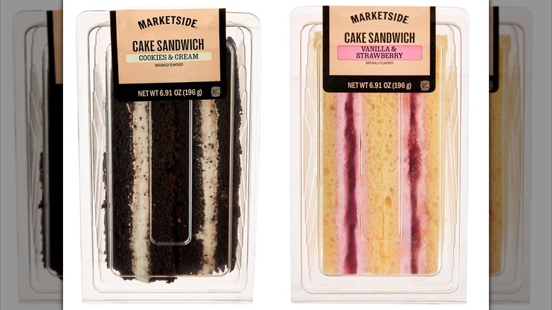 Walmart Marketside Cookies and Cream Cake Sandwich and Vanilla and Strawberry Cake Sandwiches in plastic packaging