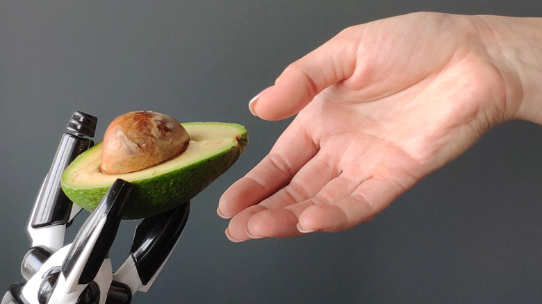 robot arm offers a sliced avocado to a human hand
