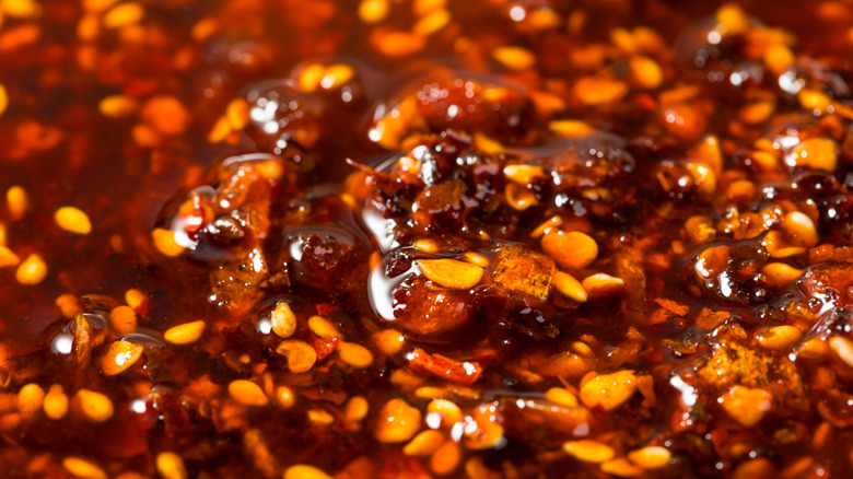 Close up of spicy chili crisp oil