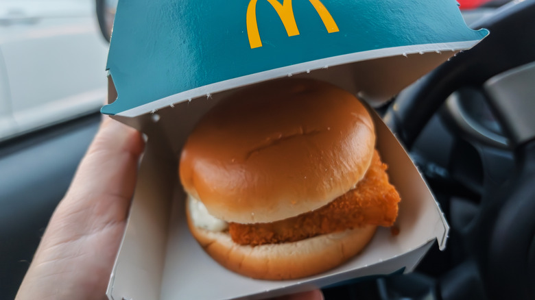 Slightly open McDonald's box showing the Filet-O-Fish sandwich.