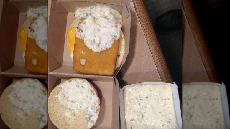 Open Filet-O-Fish with an excessive amount of tartar sauce.