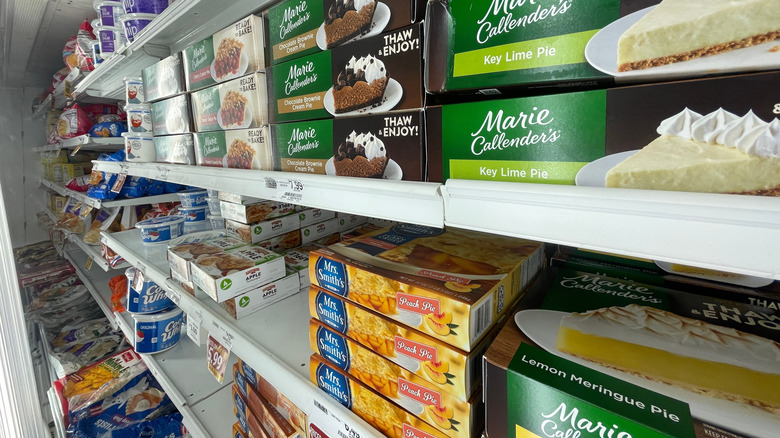 Frozen pies and other desserts on grocery store shelves