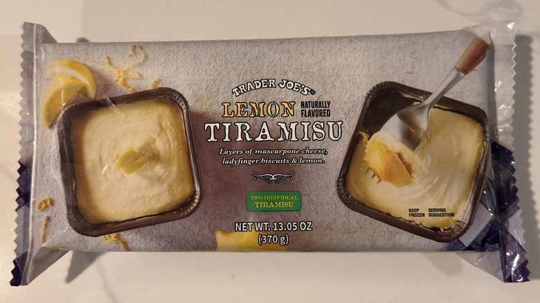 A package of Trader Joe's Lemon Tiramisu featuring the image of two tiramisus in square containers