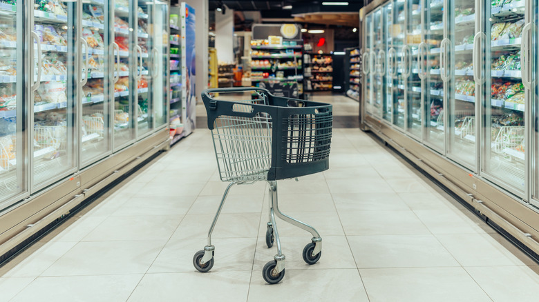 lone shopping cart in store freezer aisle