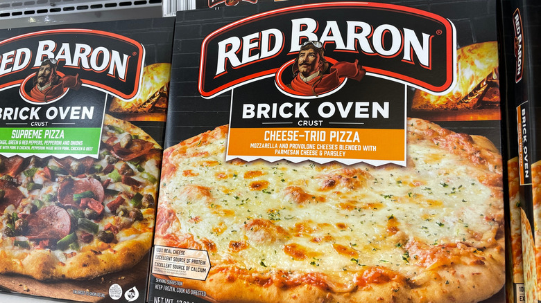 Red Baron Brick Oven Cheese-Trio pizza in the grocery store freezer