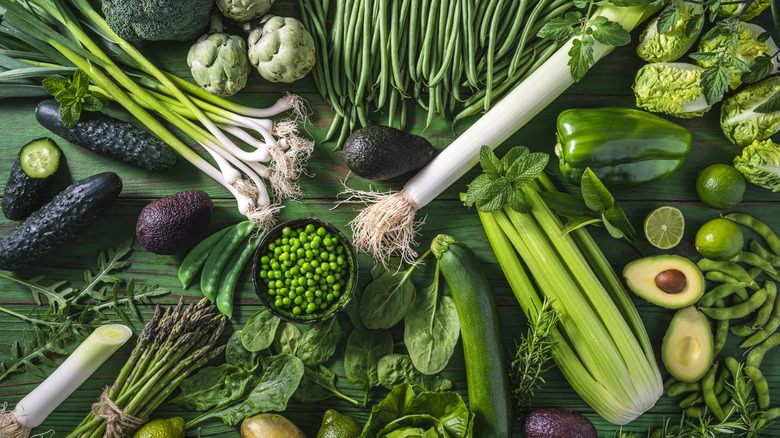 overhead view of various green vegetables