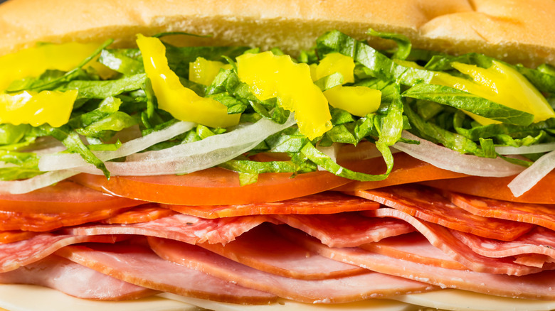 Layers of an Italian sub sandwich between white bread