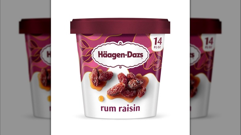 A pint of Häagen-Dazs Rum Raisin ice cream on display