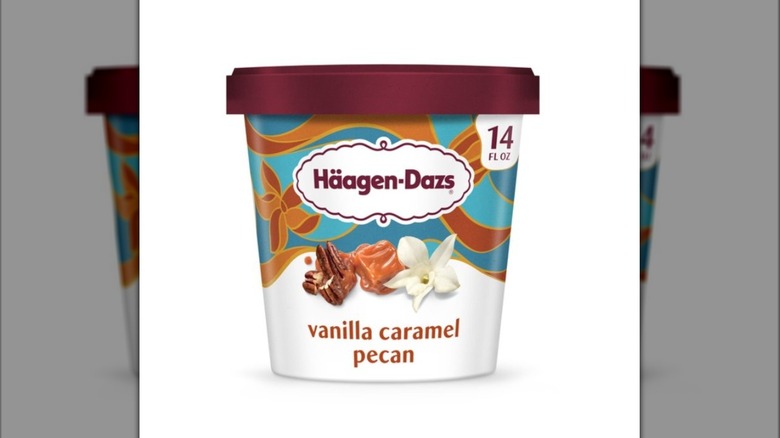 A pint of Häagen-Dazs Vanilla Caramel Pecan ice cream on display