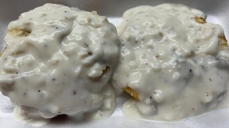 Hardee's biscuits smothered in white sausage gravy.