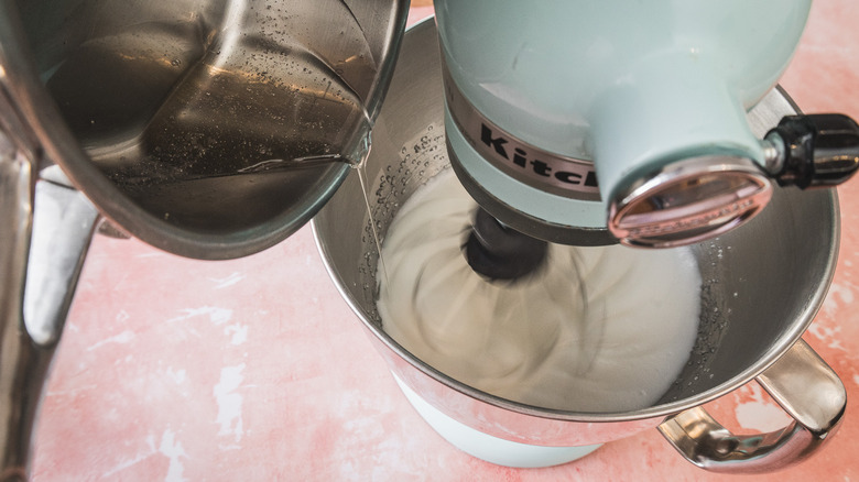 Adding hot sugar to whipping egg whites in stand mixer