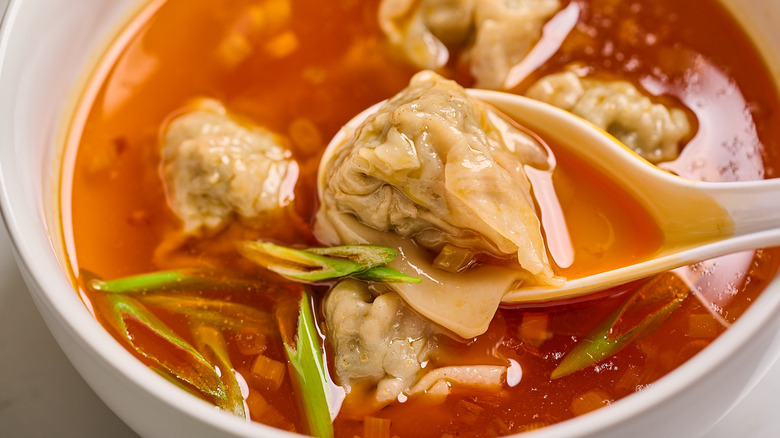 wonton on a soup spoon in a bowl