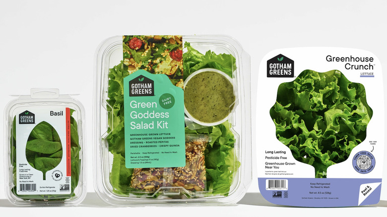 Packages of basil, Green Goddess salad kid, and tub of lettuce from Gotham Greens