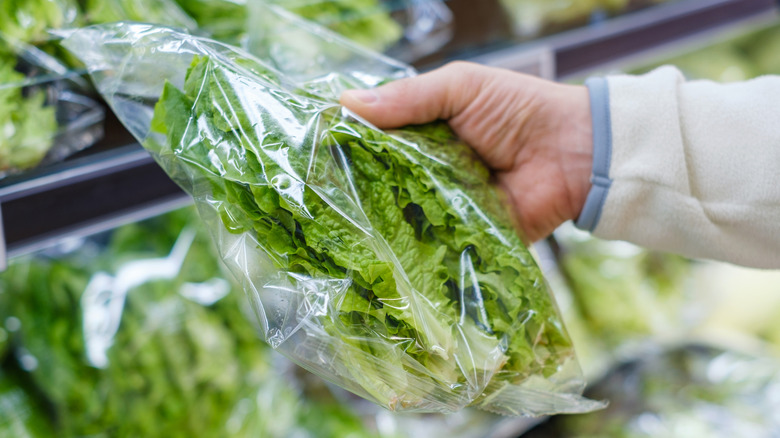 Hand holding clear plastic bag of whole lettuce leaves with store shelves of greens in background