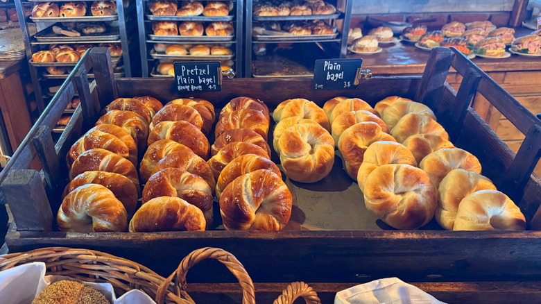 Assorted bagels on tray in bakery