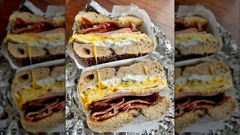 Two halves of bagel breakfast sandwich