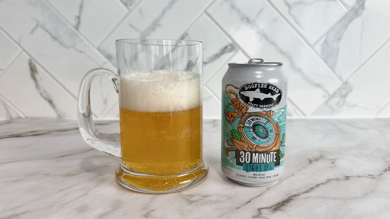 Can of Dogfish 30 minute IPA and beer in mug
