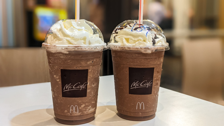 two McCafe Iced Mocha on a table at McDonald's