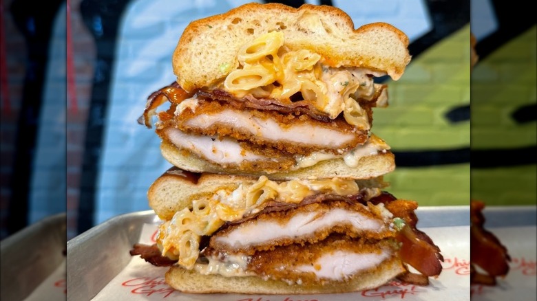 Two Buffalo Mac 'N' Cheese sandwiches at Chicken Guy!