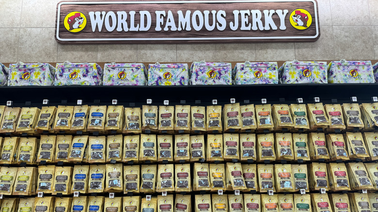 World famous jerky wall filled with bags of various jerky flavors at Buc-ee's