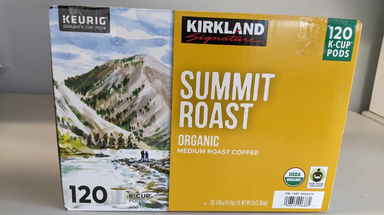A box of Kirkland Signature-brand Organic Summit Roast K-Cup Pods