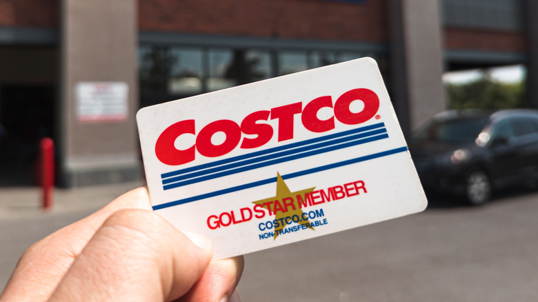 Hand holding Costco gold star membership card with outdoor backdrop