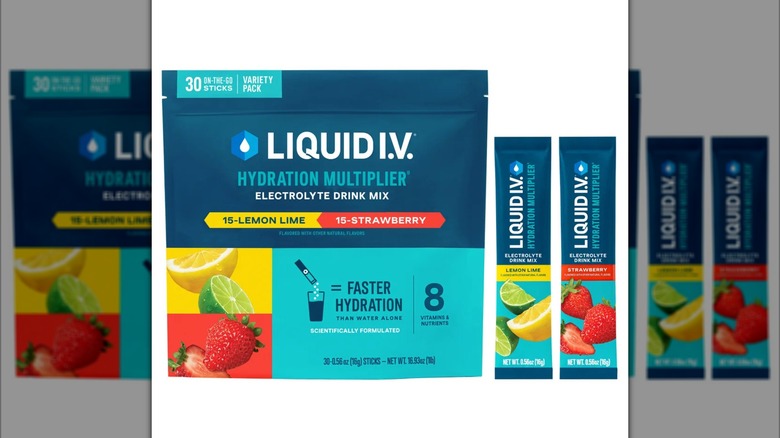 Liquid I.V. Hydration Multiplier Variety Pack and two packets on white background