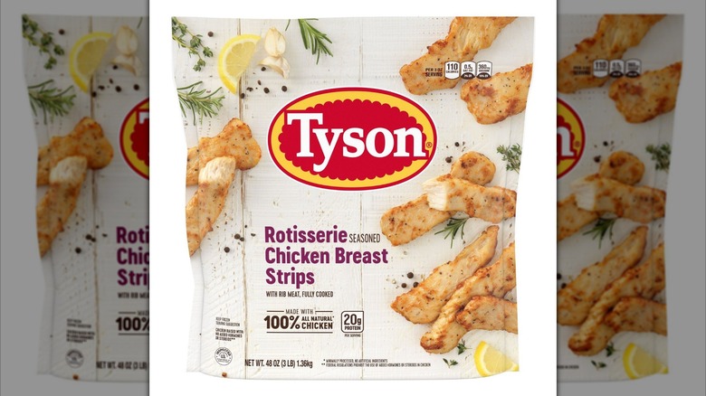 Bag of Tyson Rotisserie Seasoned Unbreaded Chicken Breast Strips on white background