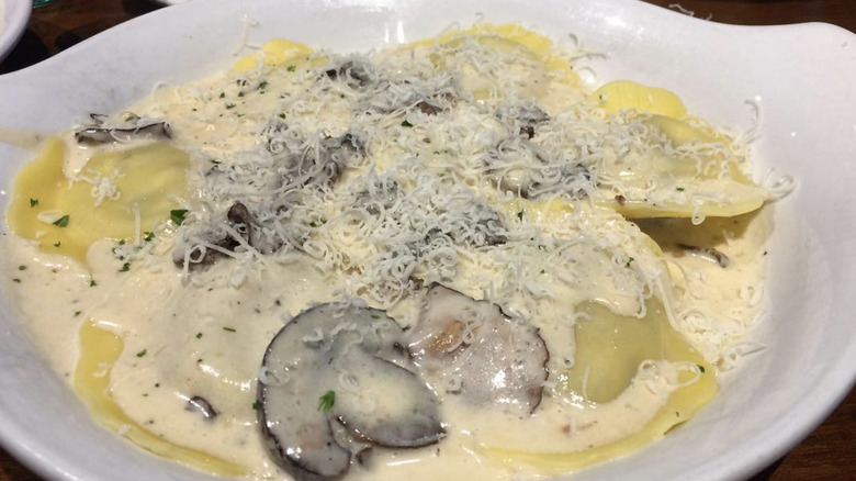 close up of Olive Garden's Creamy Mushroom Ravioli served on plate