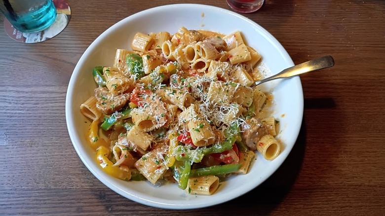 bowl of Olive Garden's Spicy Sausage and Peppers Rigatoni on table