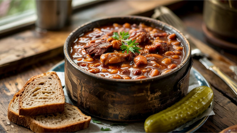 Thick Boston baked beans in molasses sauce with pieces of pork