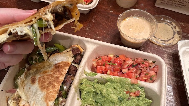 A quesadilla meal with fajita veggies from Chipotle