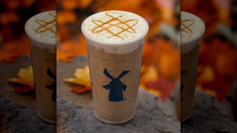 Iced pumpkin coffee drink from Dutch Bros sitting on a stone surface with autumn leaves in the background.