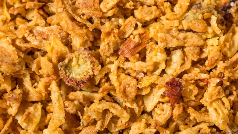 Close up image of crispy fried onions.