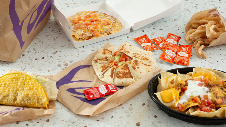 Taco Bell menu items spread out