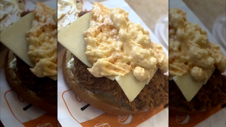 Popeyes chicken sandwich loaded with mac and cheese