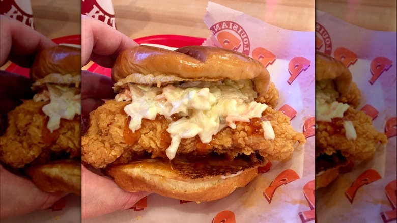 Popeyes chicken sandwich with coleslaw and voodoo sauce
