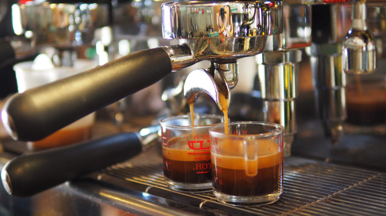 A close-up of a commercial espresso machine extracting espresso into shot glasses