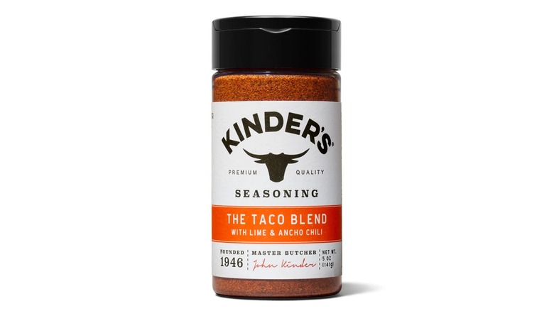 A container of Kinder's Taco Blend seasoning on white background