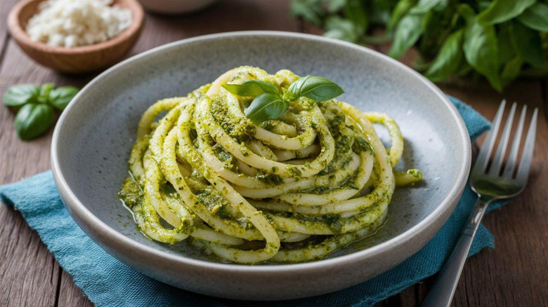 Twisted pasta served with pesto in a gray bowl with a fork