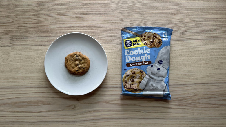 Pillsbury chocolate chip cookie dough on wooden table