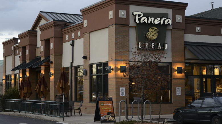 Storefront of Panera Bread at dusk or dawn