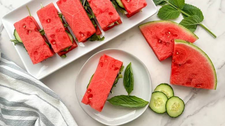Watermelon and Feta Tea Sandwiches on white plates