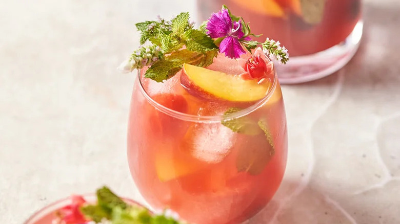 Summery Watermelon Sangria in stemless wine glass