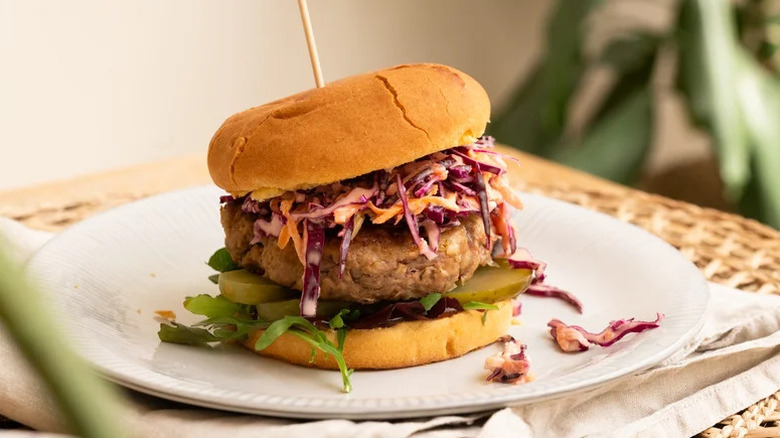 Blended Beef and White Bean BBQ Burger on white plate