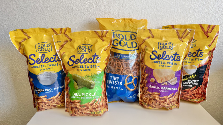 Various Rold Gold pretzels on a table